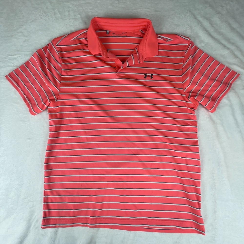 Under Armour Polo Shirt Mens Large Pink Striped Short Sleeve Golf Performance